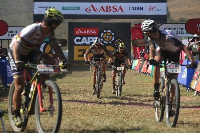Christoph Sauser and Jaroslav Kulhavý came out trumps against the XCO stars of SCOTT-SRAM in a sprint finish to the shortened Stage 2. Photo by Shaun Roy/Cape Epic/SPORTZPICS.