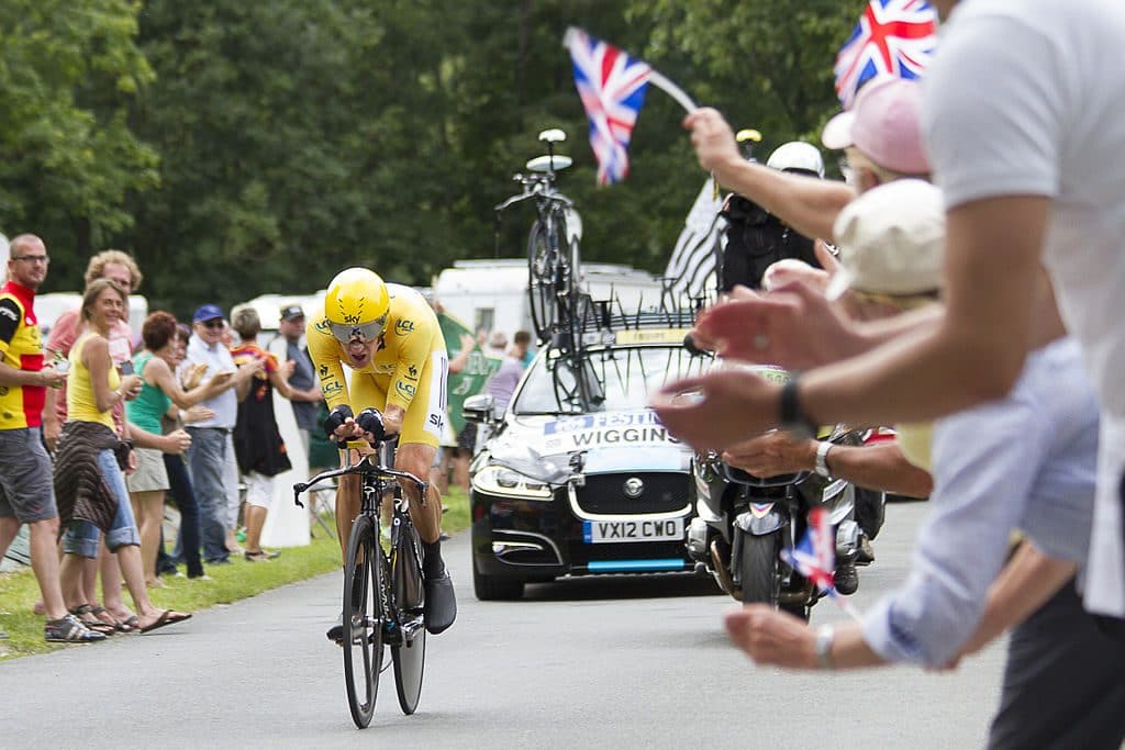 Sir Bradley Wiggins on his way to winning the 2012 Tour de France with Team Sky.