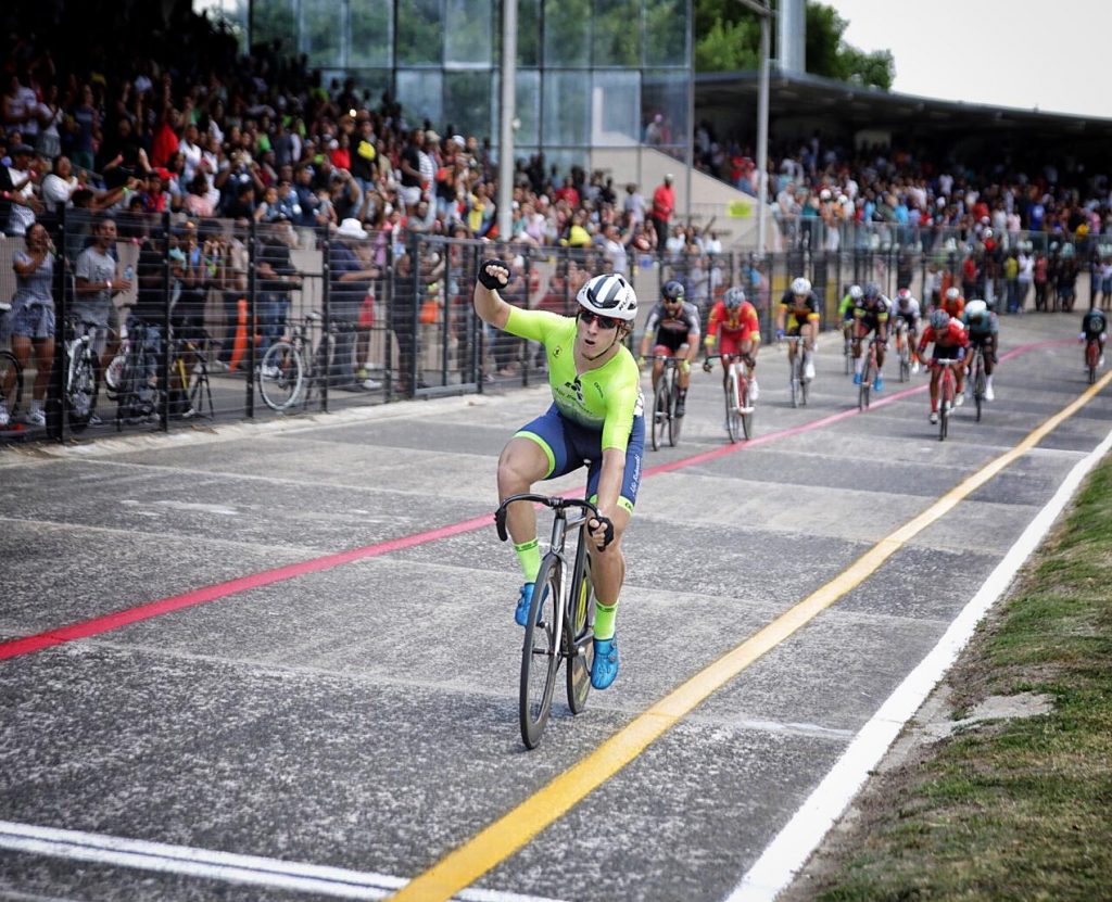 Bernard Esterhuizen crosses the finish line victorious at last year’s Helivac Paarl Boxing Day Track Challenge in front of a capacity crowd at the Faure Street Stadium in Paarl.