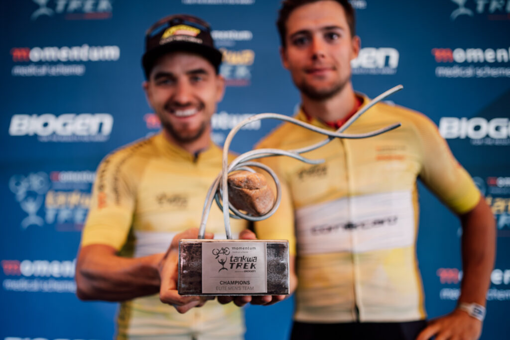 Nino Schurter (left) and Filippo Colombo (right) wrapped up the 2022 Momentum Medical Scheme Tankwa Trek, presented by Biogen, title with a third stage win of the race. Photo by Ewald Sadie/Shift Media Co.