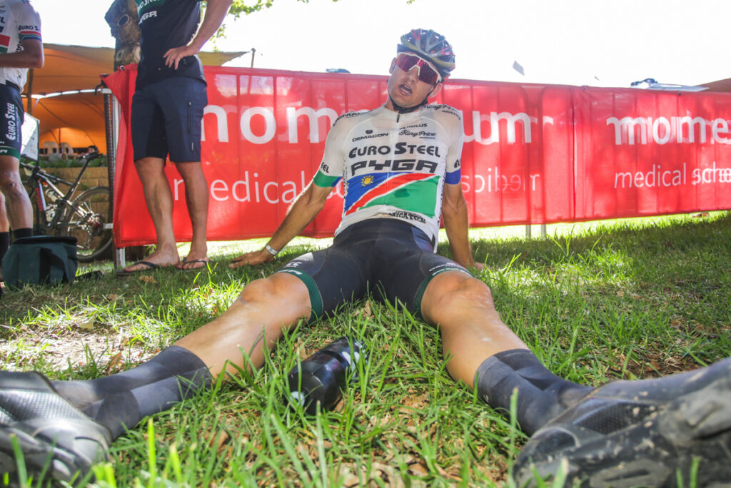 An exhausted Alex Miller reflects on his sprint finish. Photo by Oakpics.com.