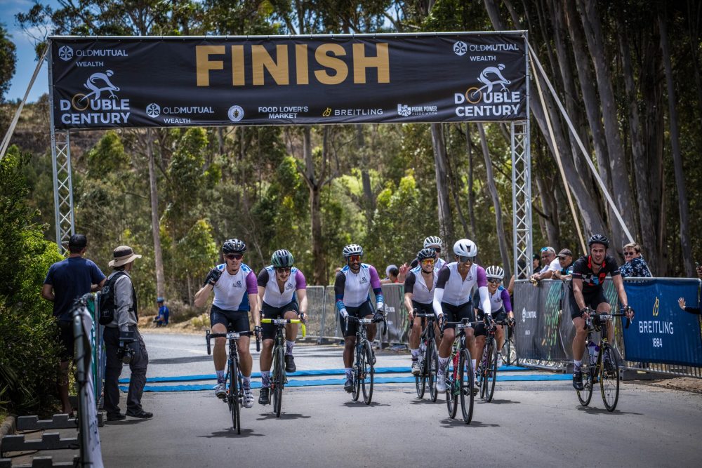 Riders crossing the finish line of the Old Mutual Wealth Double Century