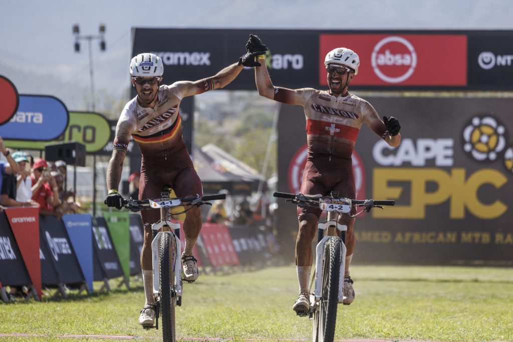 Andreas Seewald and Marc Stuzmann of Canyon SIDI win Stage 3 of the 2024 Absa Cape Epic Mountain Bike stage race from Saronsberg Wine Estate to CPUT, Wellington, South Africa on 20 March 2024. Photo by Nick Muzik/Cape Epic