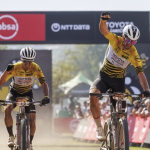 Matt Beers and Howard Grotts win the stage during Stage 5 of the 2024 Absa Cape Epic Mountain Bike stage race from CPUT, Wellington to CPUT, Wellington, South Africa on 22 March 2024. Photo by Nick Muzik/Cape Epic