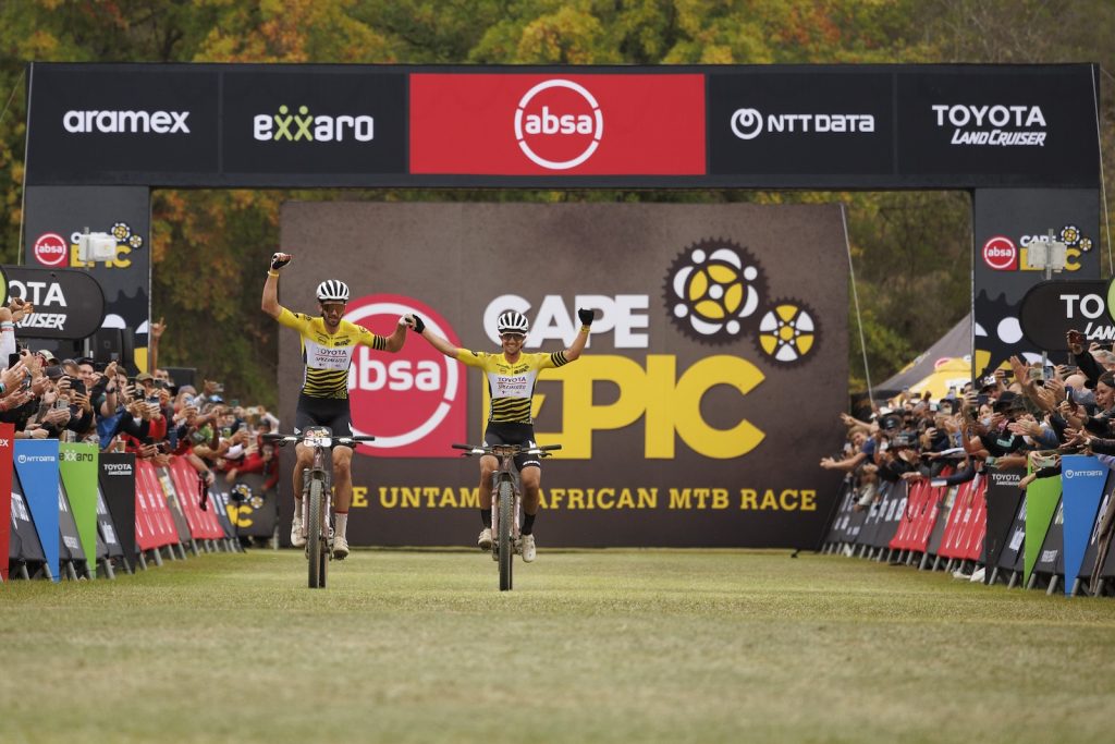 Matt Beers and Howard Grotts win the overall yellow jersey during Stage 7 of the 2024 Absa Cape Epic Mountain Bike stage race from Stellenbosch to Stellenbosch, South Africa on 24 March 2024. Photo by Nick Muzik/Cape Epic