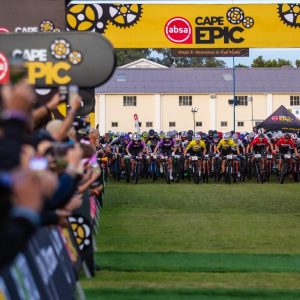 Elite mens start during stage 3 of the 2023 Absa Cape Epic Mountain Bike stage race held from Hermanus High School to Oak Valley Estate, Elgin, South Africa on the 22nd March 2023 Photo by Dom Barnardt / Cape Epic