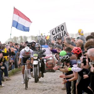 Mathieu van der Poel on his way to winning Paris Roubaix 2024.