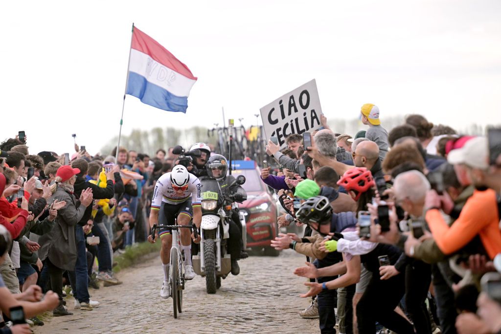 Mathieu van der Poel on his way to winning Paris Roubaix 2024.