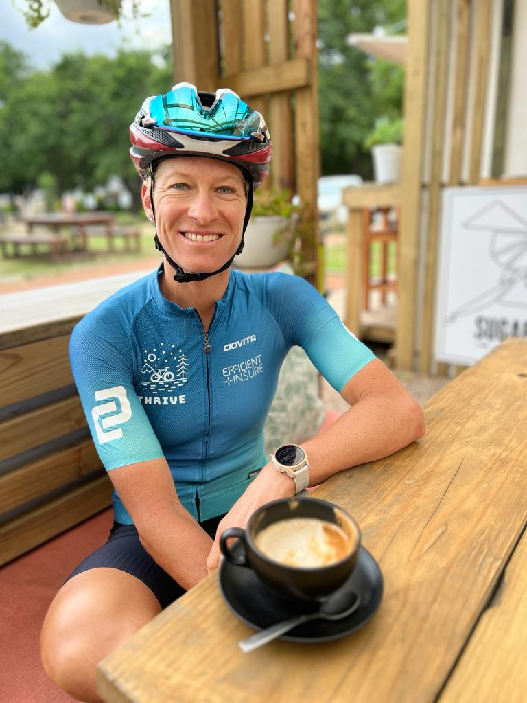 Ex-pro cyclist Robyn de Groot having a coffee