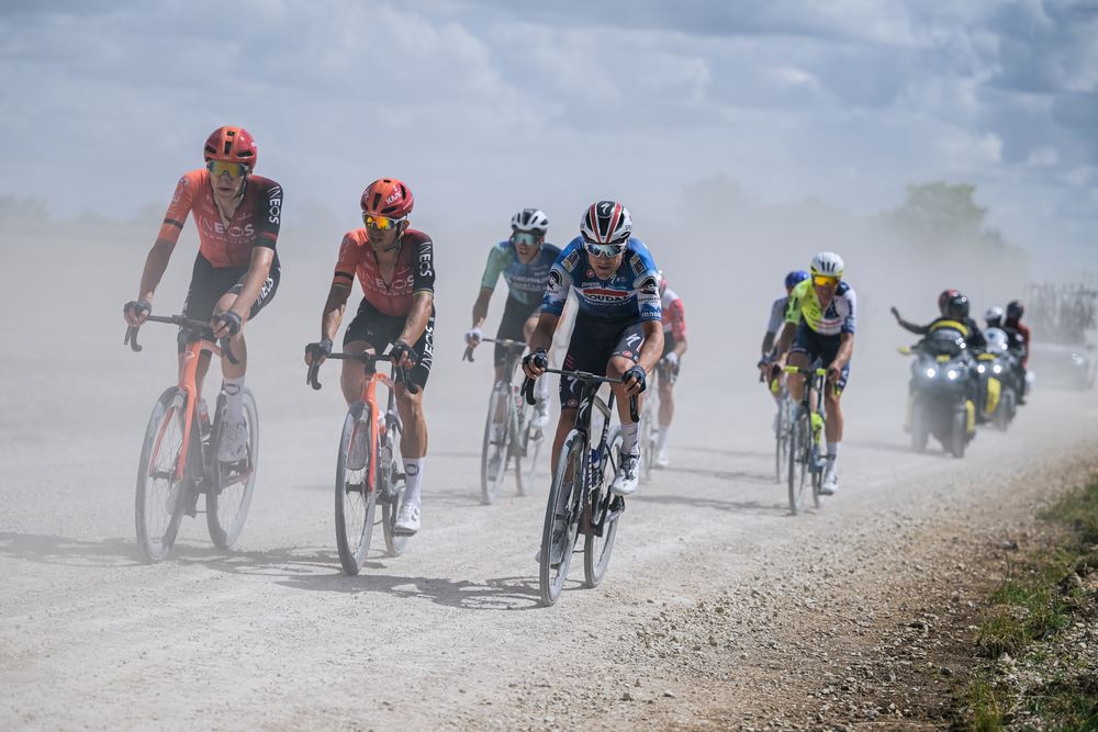 Riders on one of the gravel sections during stage 9 of the 2024 Tour de France.