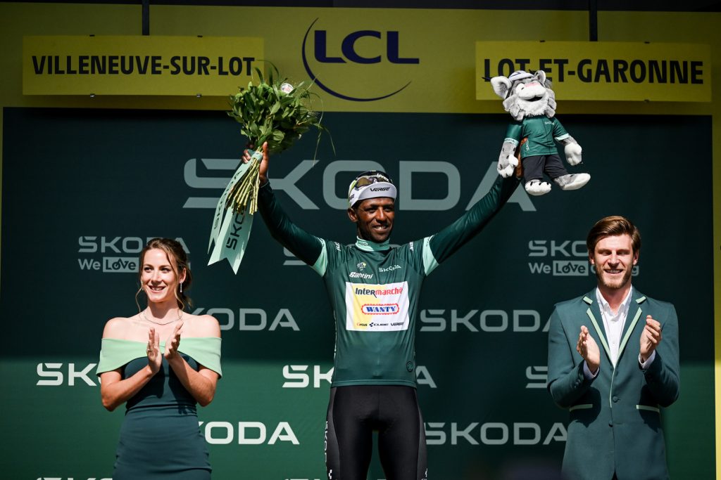 Biniam Girmay in the green jersey after stage 12 of the 2024 Tour de France