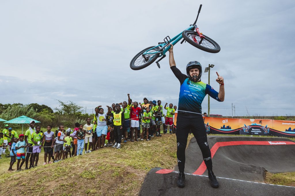 Ryan Gilchrist from Australia after winning the 2024 UCI Pump Track World Championships in South Africa