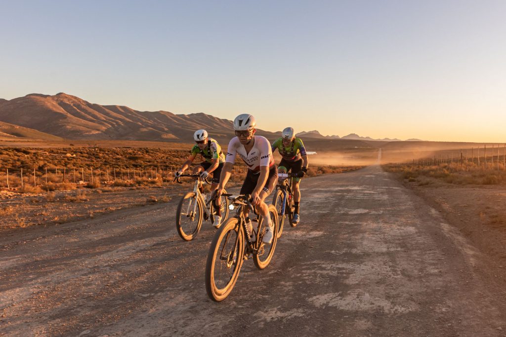Dan Loubser (leading) shattered the course record and the 13-hour mark en route to a history making victory at The 36ONE MTB Challenge on Saturday, 24 May 2025. Photo by Oakpics.com.