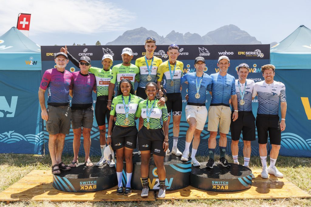 All the CIOVITA category jersey wearers after Stage 3 of the FNB Wines2Whales Shiraz. They are Marc Pritzen and Felix Stehli (yellow), Kwazikwenkosi Mbhamali and Ziandro Jordaan (light green | Men), Tsholofelo Nkosi and Bontle Phepiso (light green | Women), Erik Kleinhans and Jasper Stuyven (white), Christoff and Robin van Heerden (dark green), Donovan le Cok and Dutoit van den Bergh (blue), and Piet Swiegers and Udo Bolts. Not pictured: Jimmy Mills and Christo van den Heever (grey). 