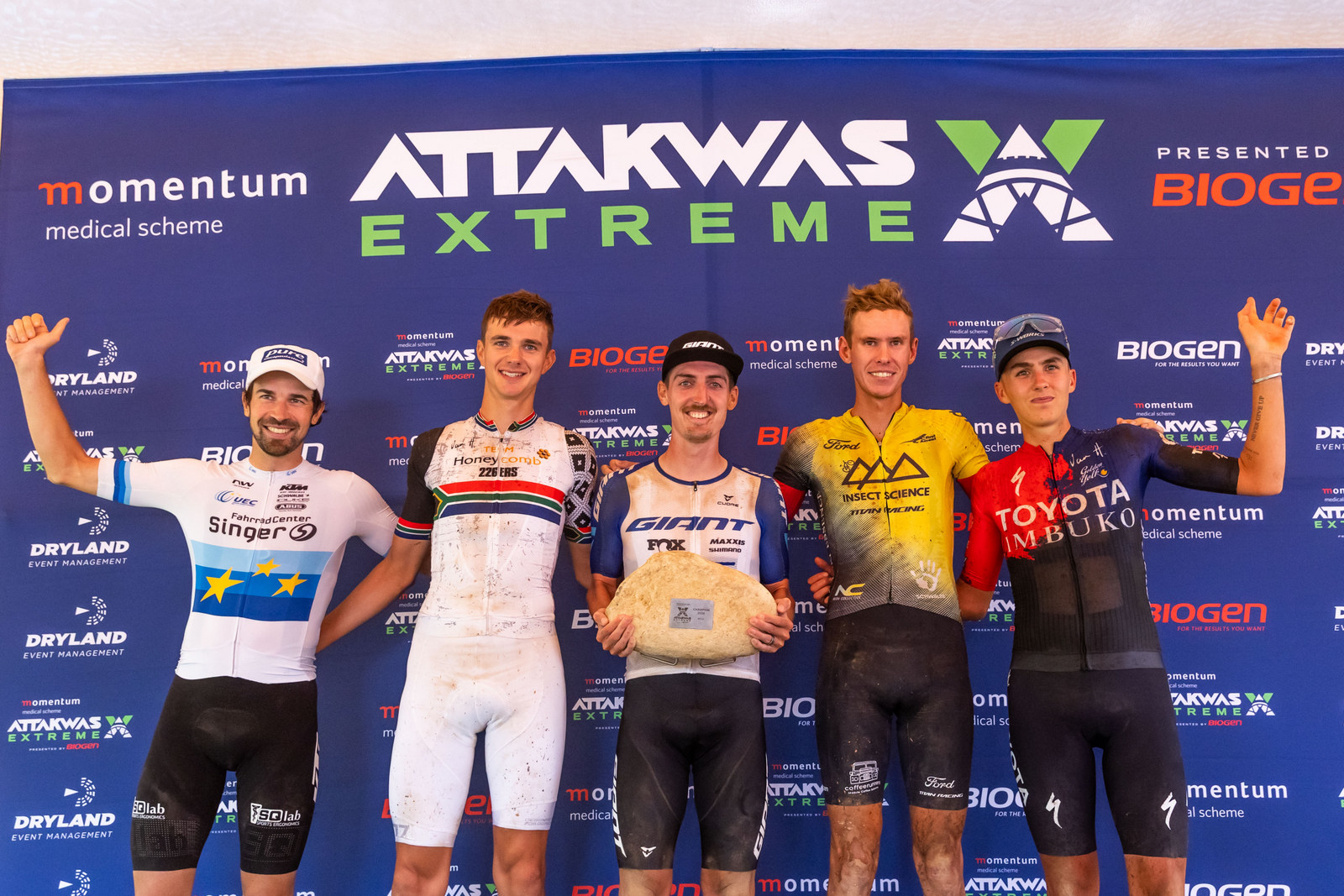 UCI Men’s Podium (from left to right): Andreas Seewald, Marc Pritzen, Alan Hatherly, Wessel Botha, and Tristan Nortje. Photo by Oakpics.