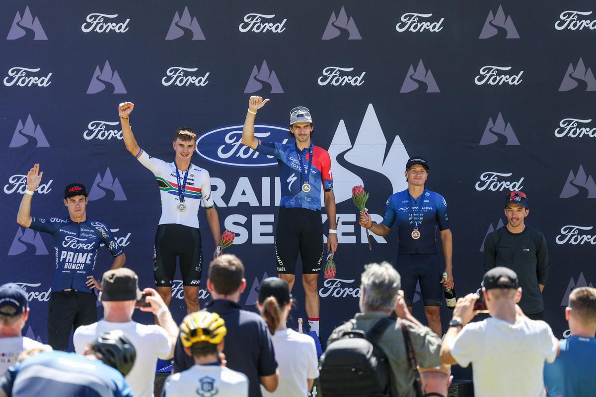 Ford Trailseeker Banhoek Elite Men’s Podium (left to right): Michael Foster, Marc Pritzen, Matt Beers, Luke Moir, and Jordan Sarrou. Photo by Sam Clark.