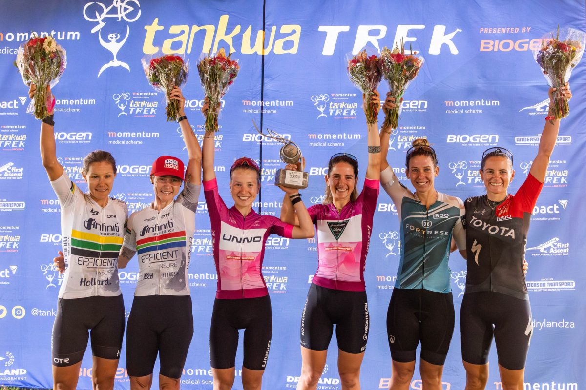 Anderson Transport UCI Women’s General Classification Podium after Stage 3 (from left to right): Vera Looser, Samantha Sanders, Sara Cortinovis, Greta Seiwald, Ila Stow, and Cherise Willeit. 