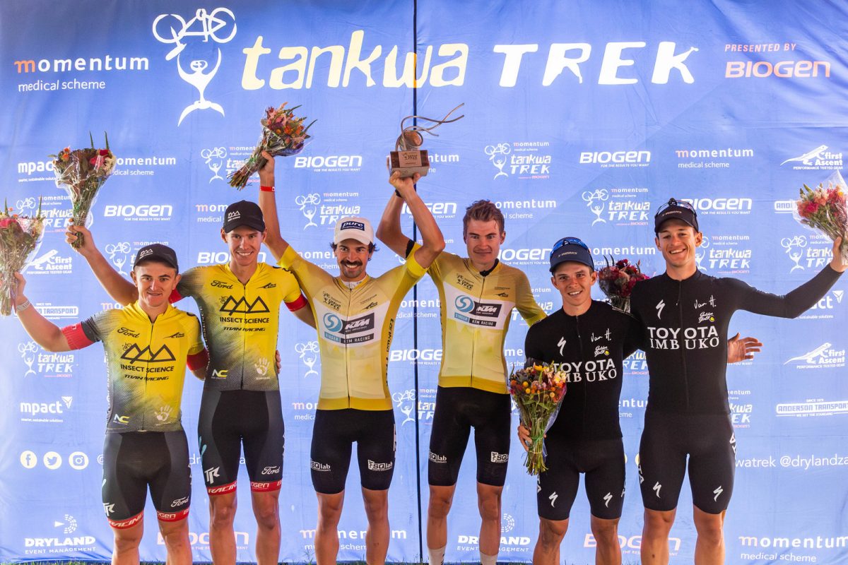 UCI Men’s General Classification Podium after Stage 3 (from left to right): Johan van Zyl, Wessel Botha, Andreas Seewald, Jakob Hartmann, Travis Stedman, and Jaedon Terlouw . 