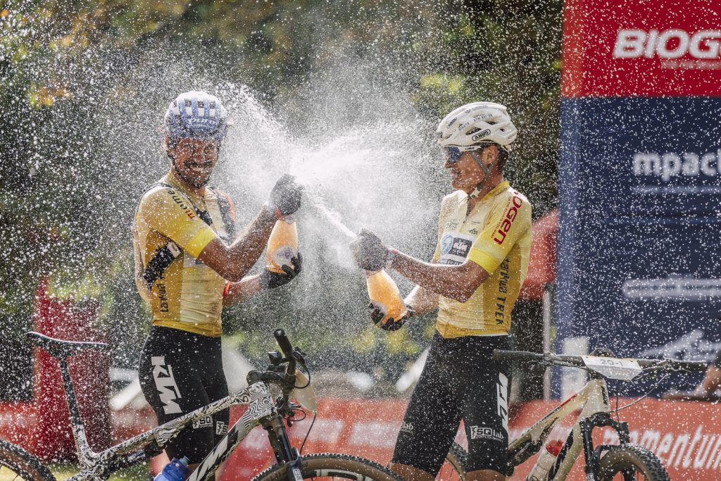 Perdeberg MCC celebrations for Andreas Seewald (left) and Jakob Hartmann (right) on the final Momentum Medical Scheme Tankwa Trek, presented by Biogen, finish line. Photo by Shift Media Co.
