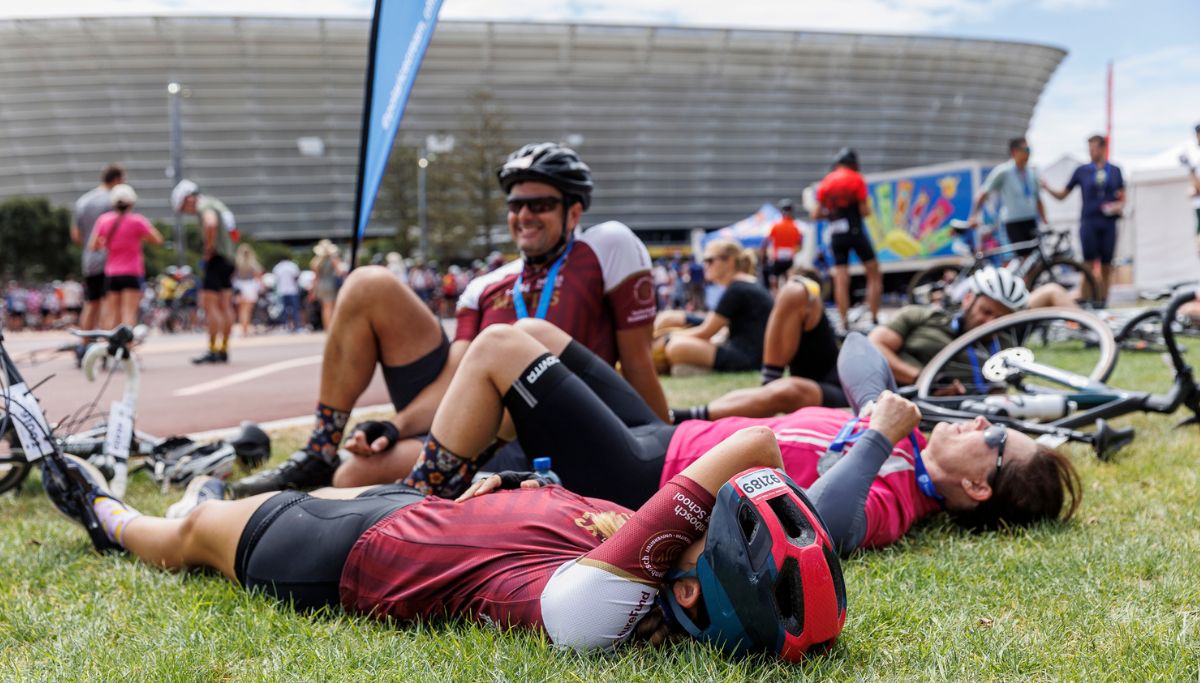 Cyclists relaxing after finishing the Cape Town Cycle Tour