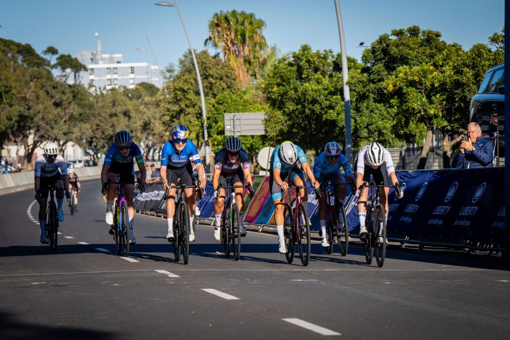 Lisa Bone (far right) outsprinted Daria Pravilova (centre) and Kate Courtney (third from left) to win the 2026 Cape Town Cycle Tour title. Photo by Chris Hitchcock.