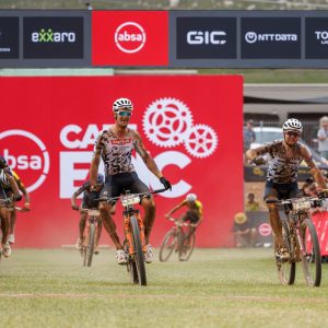 Sam Gaze and Luca Swarzbauer take the win during stage 2 of the 2026 Absa Cape Epic stage race from Montagu to Montagu on the 17th of March 2026. Photo by Nick Muzik/Cape Epic