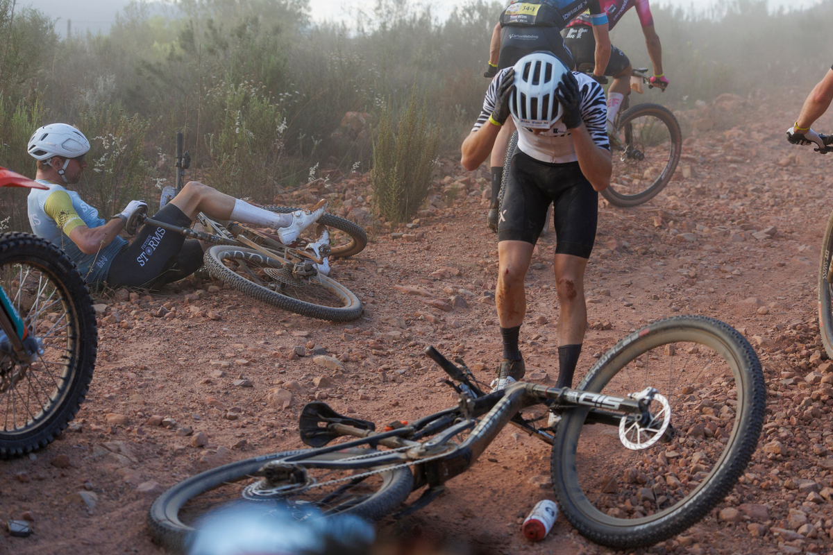 Riders crash in the early stages during stage 4 of the 2026 Absa Cape Epic stage race from Greyton to Greyton on the19th of March 2026.. 