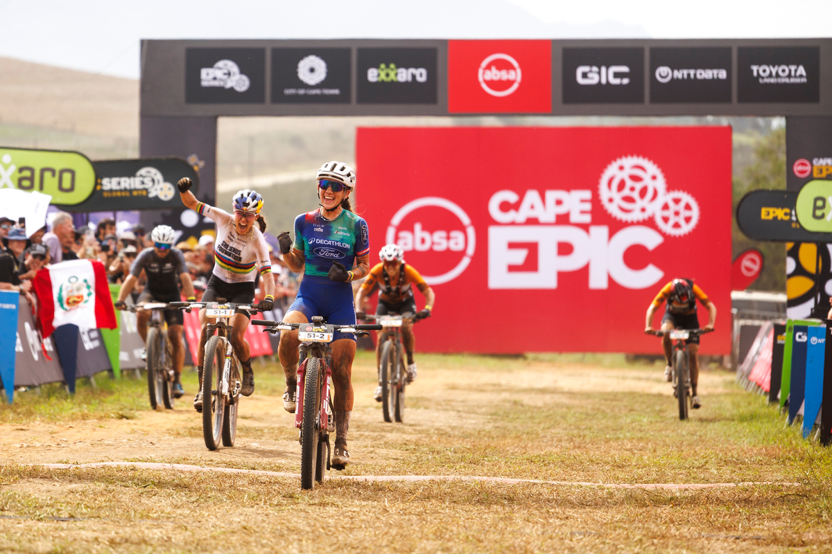 The elite women cross the finish line of stage 4 of the 2026 Absa Cape Epic stage race from Greyton to Greyton on the19th of March 2026.. Photo by Nick Muzik/Cape Epic