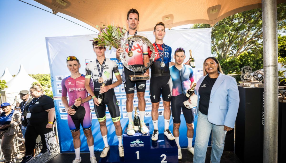 The elite men's podium at the 2026 Cape Town Cycle Tour