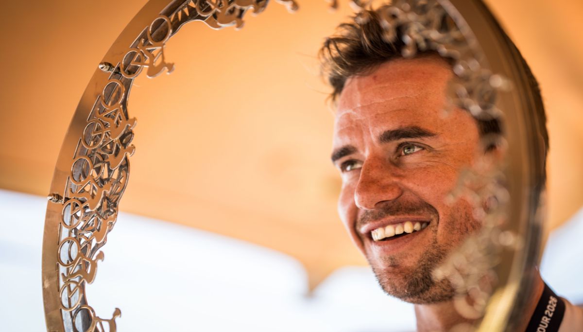 Winner of the elite men's race at the 2026 Cape Town Cycle Tour, Ryan Gibbons with the Carol Boyes trophy