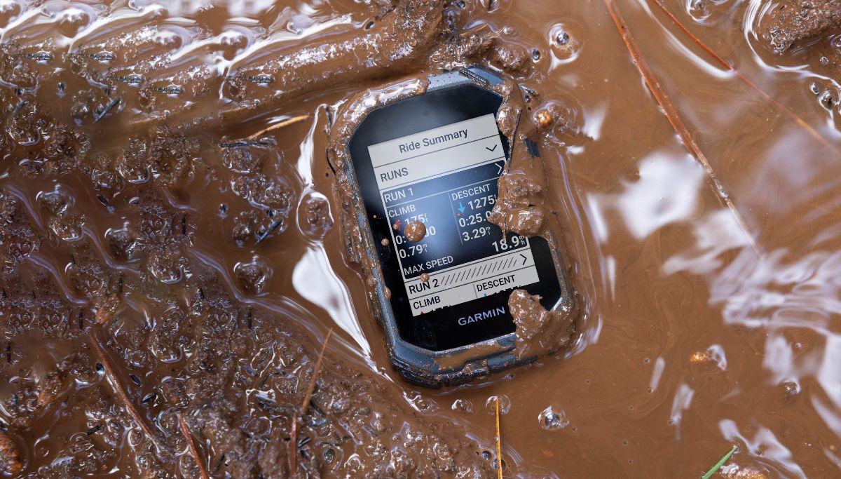 The Garmin Edge MTB submerged in mud