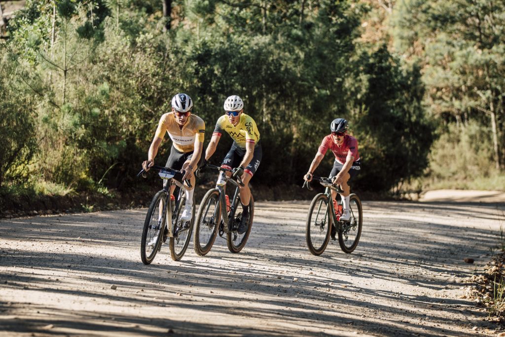 Cronje Beukes (left) attacked on Phantom Pass, just 10 kilometres into the stage, to distance Wessel Botha (centre) and Marco Joubert (right). Photo by Shift Media Co.