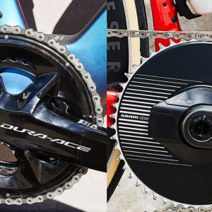 A 2x drivetrain (left) and a 1x drivetrain (right)