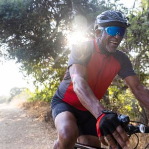 A cyclist looking happy