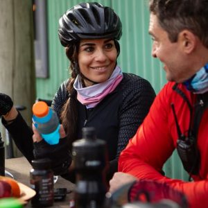 Cyclists getting their post-ride nutrition.