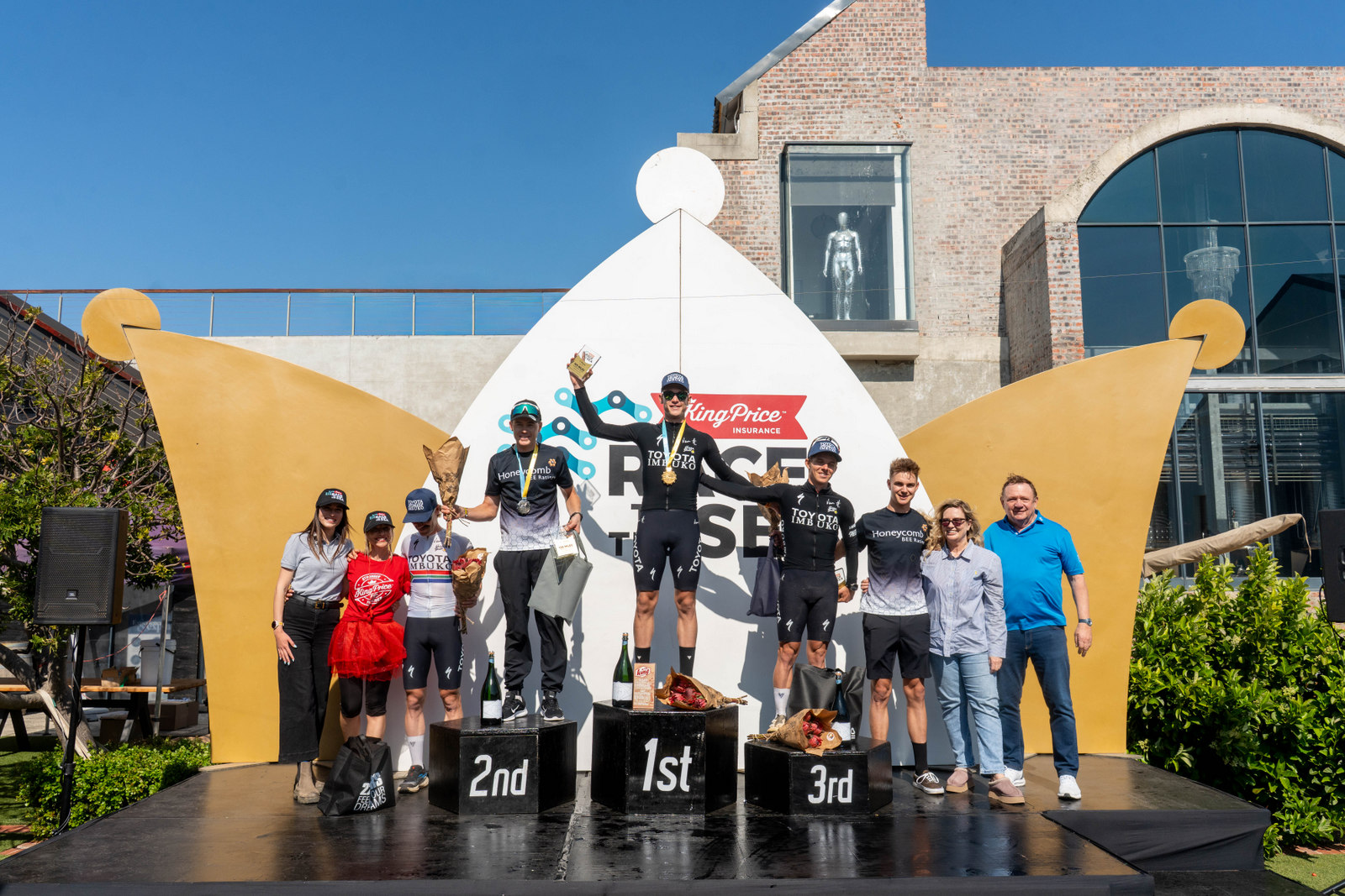 Elite Men’s 2026 King Price Race to the Sea podium (from left to right): Marco Joubert, Felix Stehli, Jaedon Terlouw, Travis Stedman, and Marc Pritzen. Photo by Fahwaaz Cornelius.