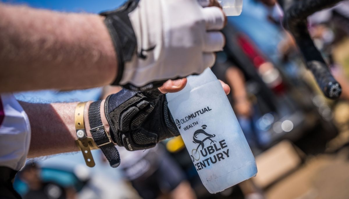 A cyclist fuelling up on the Double Century