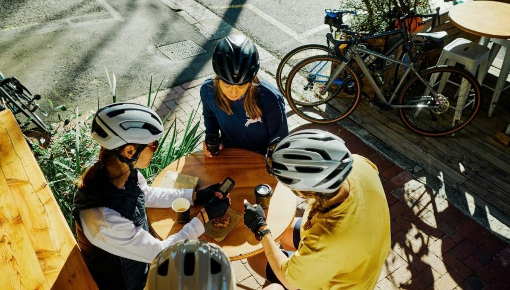 cyclists having coffee